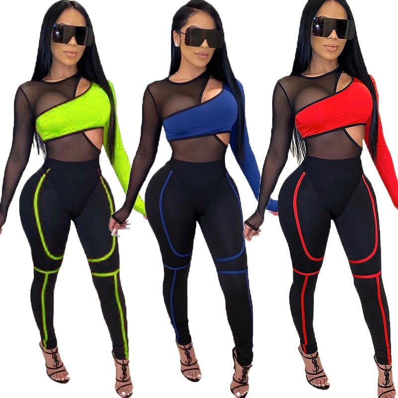 2 Piece Neon Mesh Joggers Set For Women