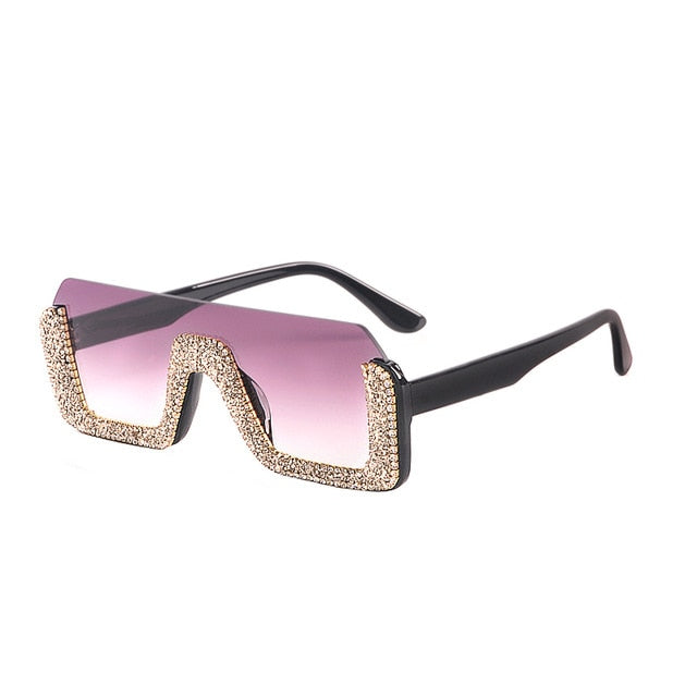 Diamond Rhinestone Oversized Gradient Semi-Rimless Square Sunglasses For Women