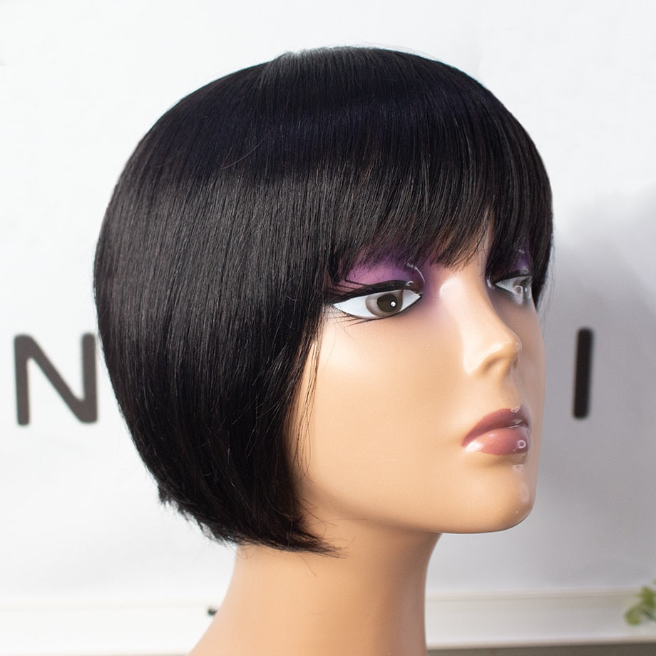 Short Pixie Cut Straight Peruvian Remy Human Hair Wig With Bangs