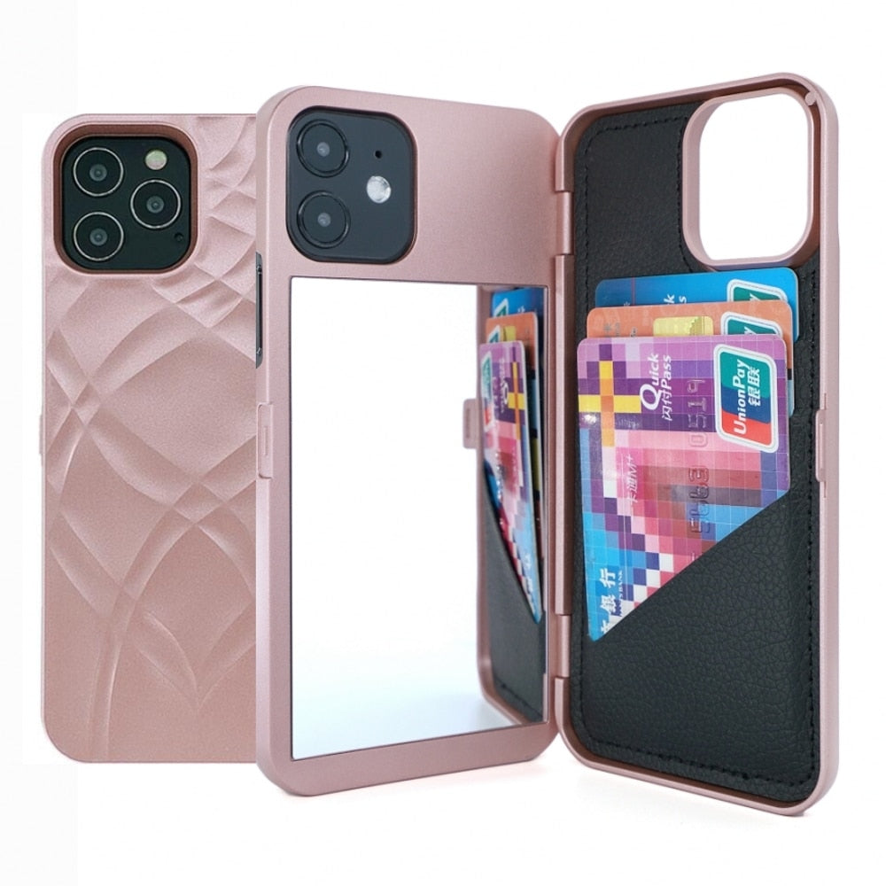 iPhone Flip Case With Card Slot Wallet And Make Up Mirror For Multiple iPhone Models